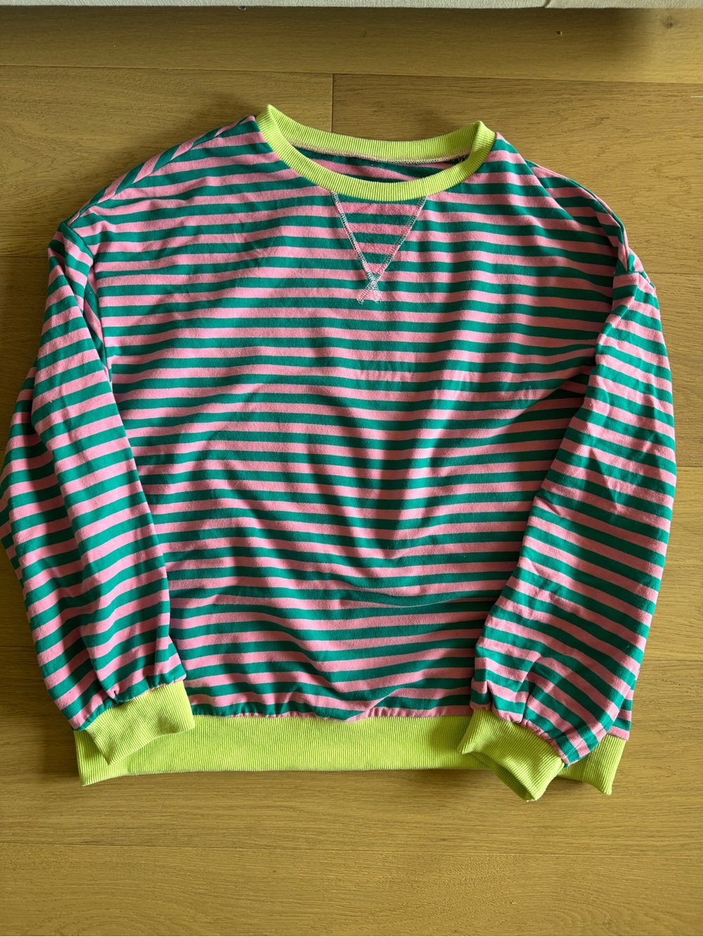 Striped Pink & Teal Crewneck Sweater with Neon Trim